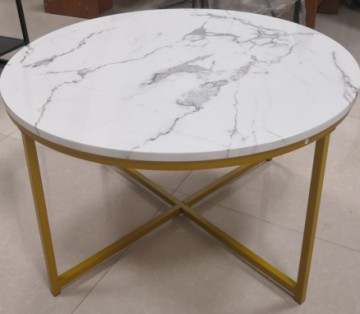 Modern Round Coffee Accent Table with Faux Marble Top and Metal Base