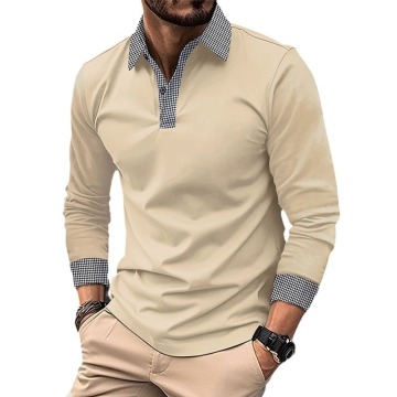 Spring and Autumn Contrast Printed Long Sleeved Polo Shirt for Men - European and American Casual Style
