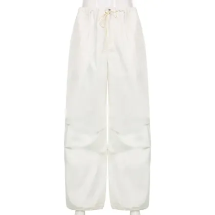 Street High Quality Nylon High Waisted Wide Leg Cargo Elastic Pants Women OEM