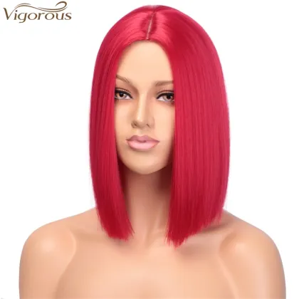 Vigorous Red Bob Wig Synthetic Straight Hair Wig for Women Middle Part Colorful Bob Wigs for Party & Cosplay Use