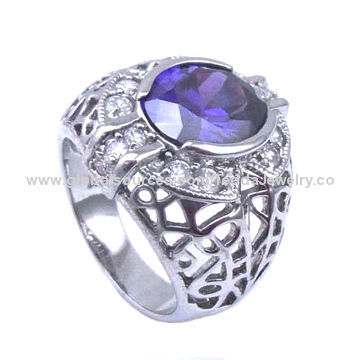 Engraved Rings, Made of Brass and Cubic Zirconia, Small Orders are Welcome