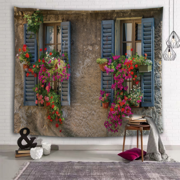 Ceglany mur Tapestry Wiszące okna Kwiat Vintage Brązowy gobelin ścienny Poliester do salonu Sypialnia Dorm Home Decor