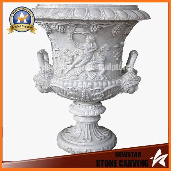 Figure Surround Stone Carving White Flower Pot Planter Stand (NS-11P13)