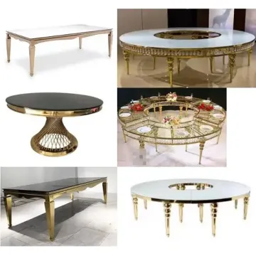 Modern Round Moon Shape Luxury White Glass Wedding Table with Golden Banquet Setup