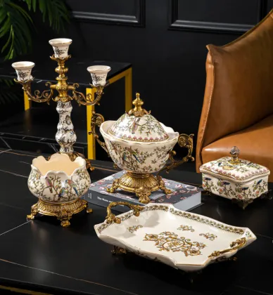 Retro Chinese Flower Bird Pattern Ceramic Ashtrays for Living Room