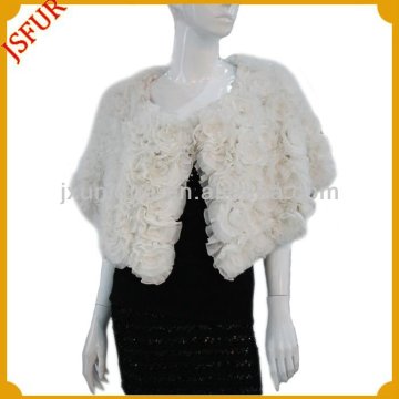 Custom stylish women's white wedding lace disc-flower fur shawl with real rabbit fur shawl for evening dress