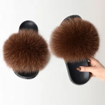 Women Fur Fluffy Flat Slippers Ladies Indoor Slides Furry Plush Fox Hair Female Casual Woman Shoes Fashion Plus Size Summer 2021