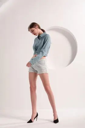 Women's Light Blue Denim Crop Shirt