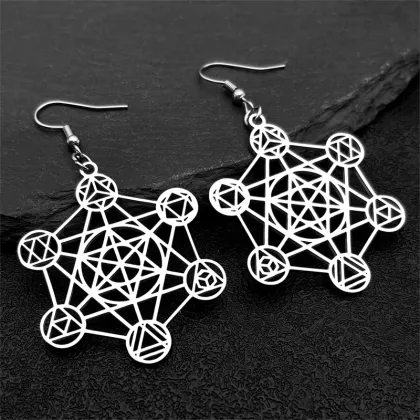 Stainless Steel Silver Metatron Cube Earrings with Star of David