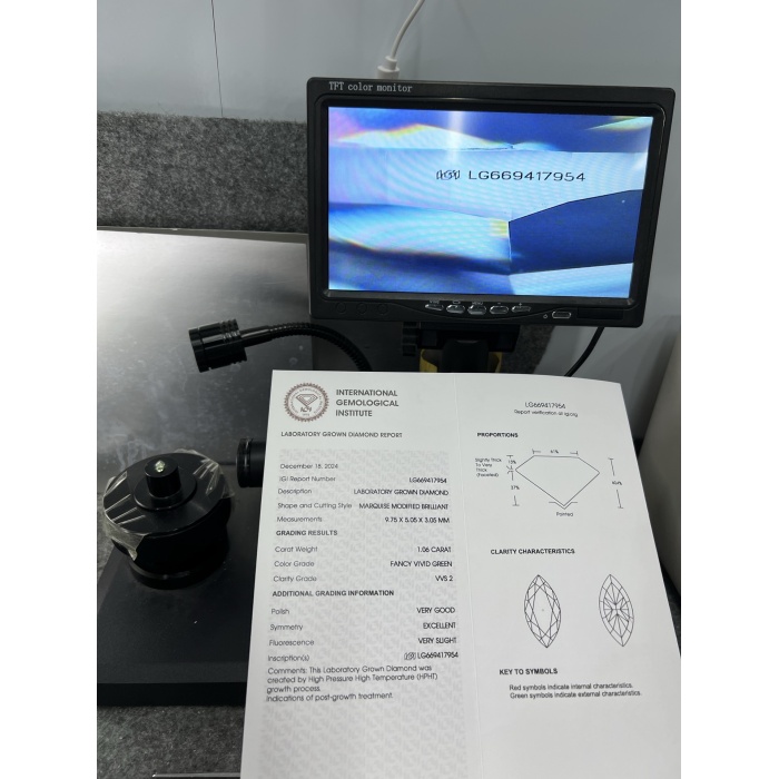 HPHT Green Lab เพชร Marquise Cut 1.06 กะรัต VVS2