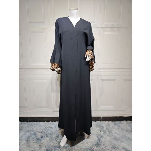 Siyah Leopar Fırfır Kol Açık Kimono Abaya