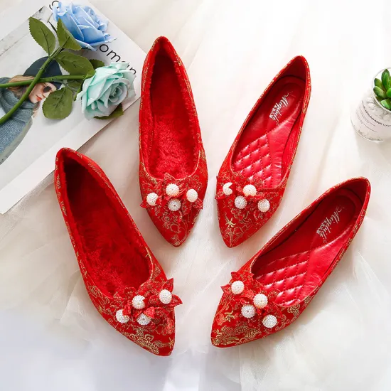 red pointy toe wedding shoes pearl ball flower gold line embroider moccasins single/plush flat plus size 43 pregnant women shoes