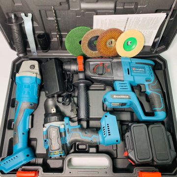 3-in-1 Cordless Power Tool Set: Rechargeable Lithium Hammer Drill, Angle Grinder, and Wrench