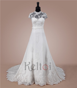 high neck long trail lace wedding dress 2015
