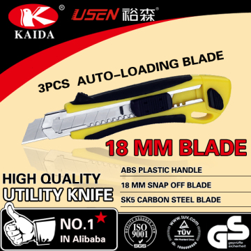 3 PCS Auto Loading Blade plastic with rubber grip handle 18MM Utility Knife