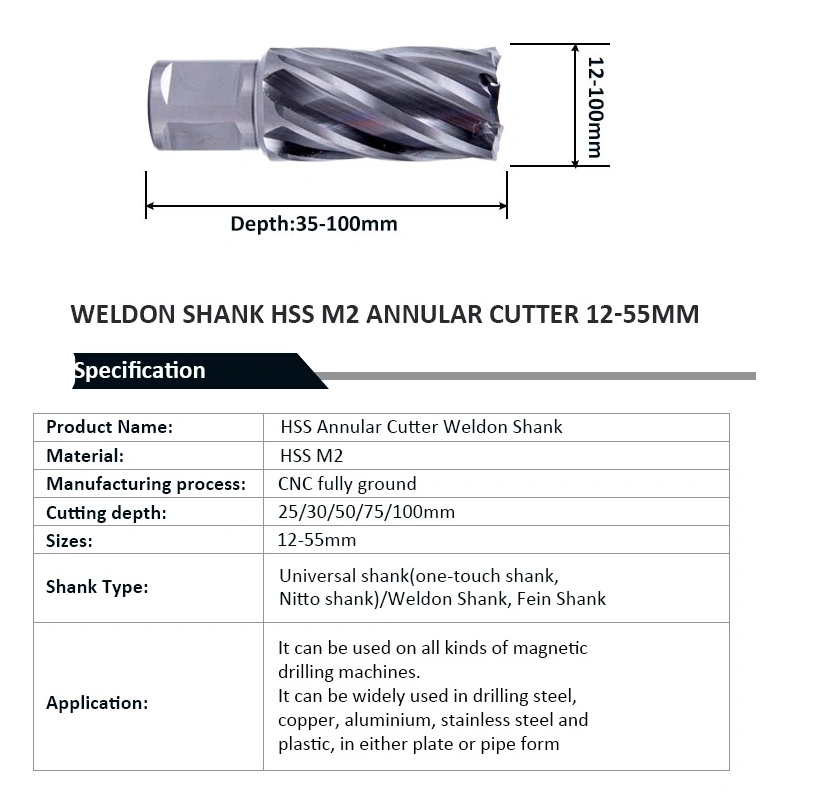 Folga HSS Factory Tool Customized Tct Annular Cutter Broca magnética de haste universal