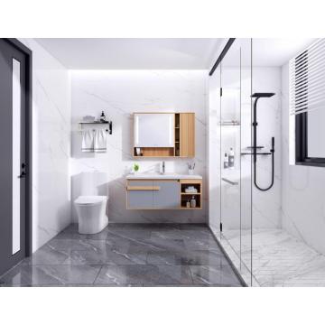 White plywood bathroom mirrored cabinet with ceramic basin