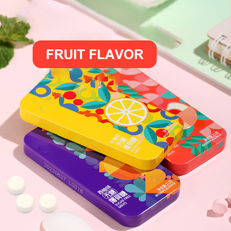 OEM ODM Vegan Fruit Flavor Fresh Breath Tin Box Hard Candy Sugar Free Moisten Throat Mint Candy