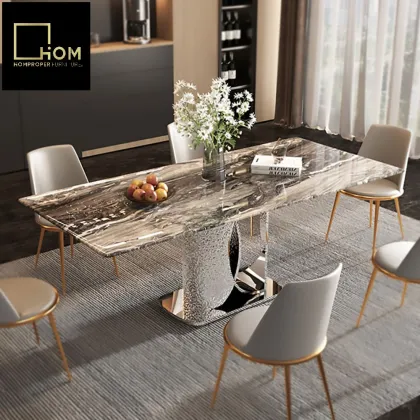 High-End Snow Mountain White Rock Multi-person Dining Table Set Lauren Black for Hotel Restaurant Home