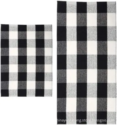 Black White Blue Grey Red Buffalo Plaid Cotton Rug