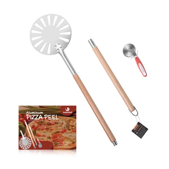 Outdoor Pizza Tools Set Including Pizza Peel and Pizza Cutter With Wooden Handle