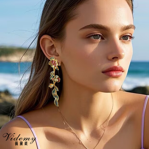 Hand-Painted Alloy Flower Leaf Tassel Earrings