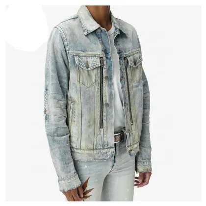 Custom Denim Bomber Jacket Washed Pocket Mens Denim