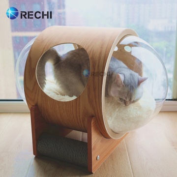 RECHI Custom Pet Furniture: Wooden Spaceship Cat Bed & Acrylic UFO Nest for Cats and Small Dogs