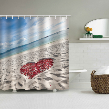 Sea Beach with Rose Love Heart Waterproof Shower Curtain Ocean Romantic Bathroom Decor