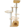 Multi-functional Pine Wood & Rattan Cat Scratching Board with Bed Durable Indoor Cat Furniture Easy Assembly