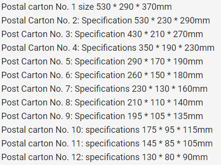 Standard size of postal carton