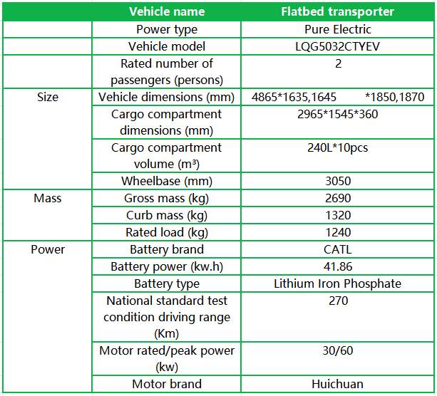 Electric transport vehicle flatbed