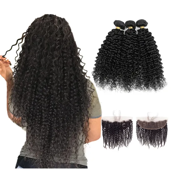 Pre-Colored Natural Hair Line Frontal with 3 Bundles 14 16 18  Kinky Curly #1B Remy Mongolian hair weave bundles