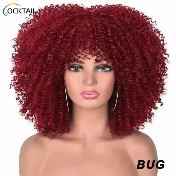 Afro Kinky Curly Wigs With Bangs For Black Women Heat Resistant African Synthetic Ombre Glueless Cosplay Wigs