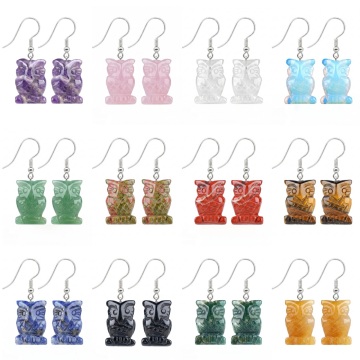 Gemstone Carved Owl Drop Earring Natural Stone Owl Pendant Earring Dangle Earring Crystal Healing Pendant Hoop Earrings Women
