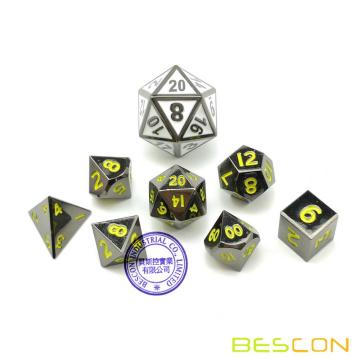 Bescon 10MM Mini Solid Metal Dice Set Glossy Black with Yellow Numbers, Mini Metallic Polyhedral D&D RPG Miniature Dice 7-sets