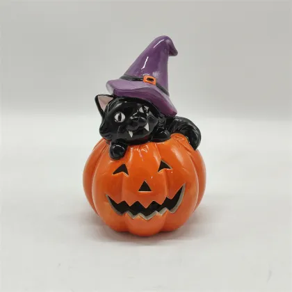 Ceramic Pumpkin Black Cat LED Light