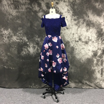 Navy Straps Party Dress Made in China Applique Beaded Floral Printed Satin Evening Dress elbise