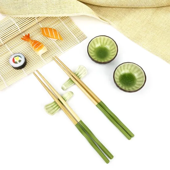 Custom Gift Set: Ice Crack Ceramic Green Plate with Bamboo Chopsticks and Holder