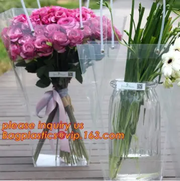 Clear pp plastic flower carry bag, shopping tote bag, flower gift wrapping pp plastic bag with handles, bags packaging with ribb