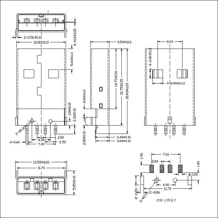 UAMM05 USB A Type Plug SMT Mid-Mounting 3.4mm