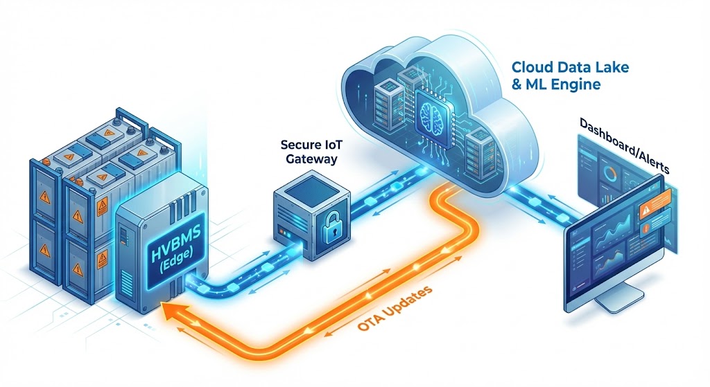 High-voltage BMS cloud IoT architecture diagram: Illustrating secure data flow from battery pack to cloud ML engine for real-time analytics and OTA firmware updates.