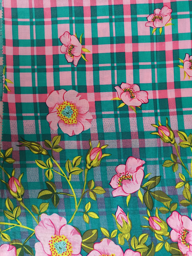 Check Flower Rayon Challis 32S Printing Fabric