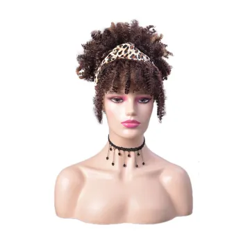 Wholesale Ombre Turban Wig Afro Wig Short With leopard band Kinky Curly Synthetic Wig With Headband Attached For Black Women