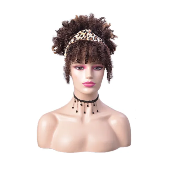 Wholesale Ombre Turban Wig Afro Wig Short With leopard band Kinky Curly Synthetic Wig With Headband Attached For Black Women