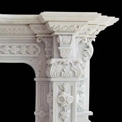 Hand Carved White Marble Mantel Floral Reliefs Artisan