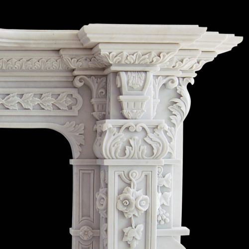 Hand Carved White Marble Mantel Floral Reliefs Artisan