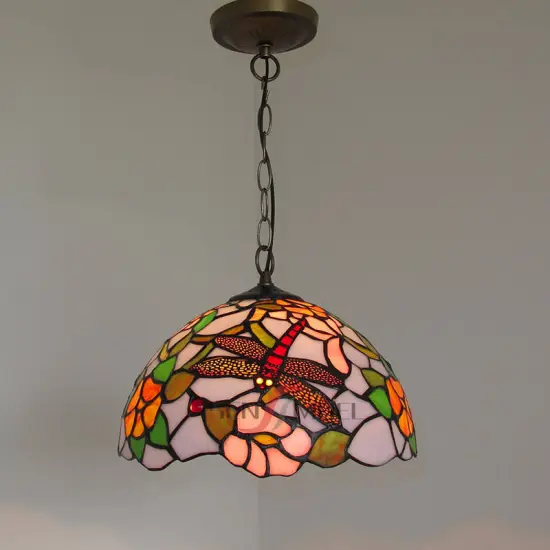 High-End Stained Glass Tiffany Dragonfly Design Lampshade with Dark Bronze Inverted Chandelier