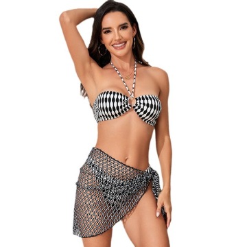 Bikini Beachwear Set: 3 Piece Push-Up Padded Swimwear with V Neck Sarong Swimsuit