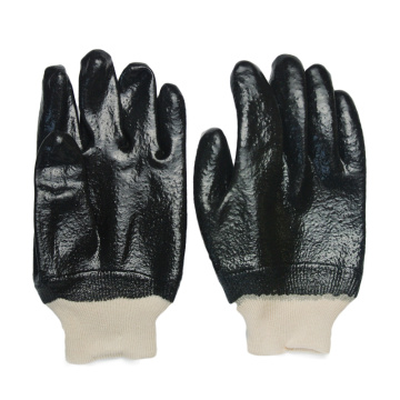 Black Single Dipped PVC Glove.Rough Finish.Knit Wrist